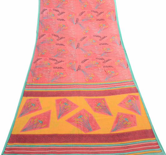 Sushila Vintage Dark Peach Saree Pure Cotton Printed Soft Craft Floral Fabric