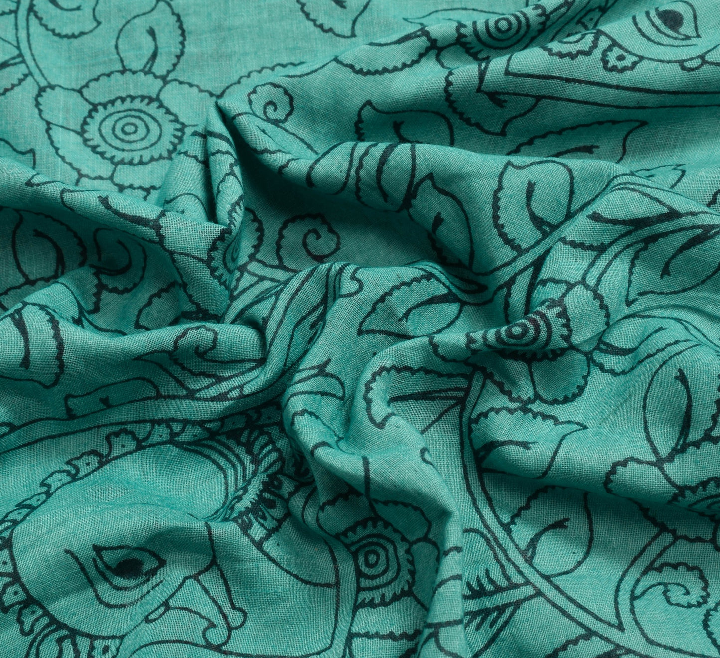 Sushila Vintage Teal Green Saree 100% Pure Cotton Kalamkari Printed Craft Fabric