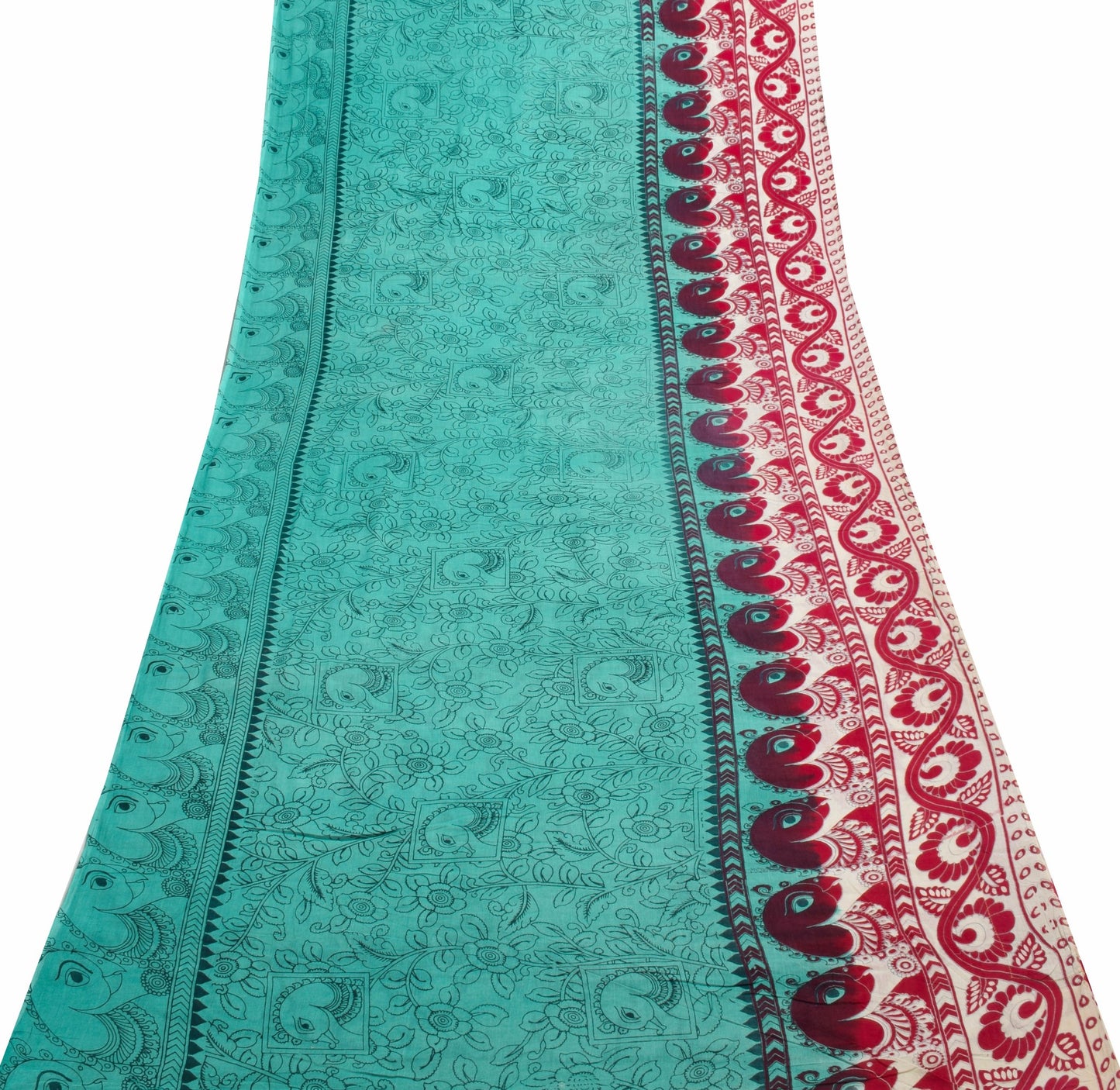 Sushila Vintage Teal Green Saree 100% Pure Cotton Kalamkari Printed Craft Fabric