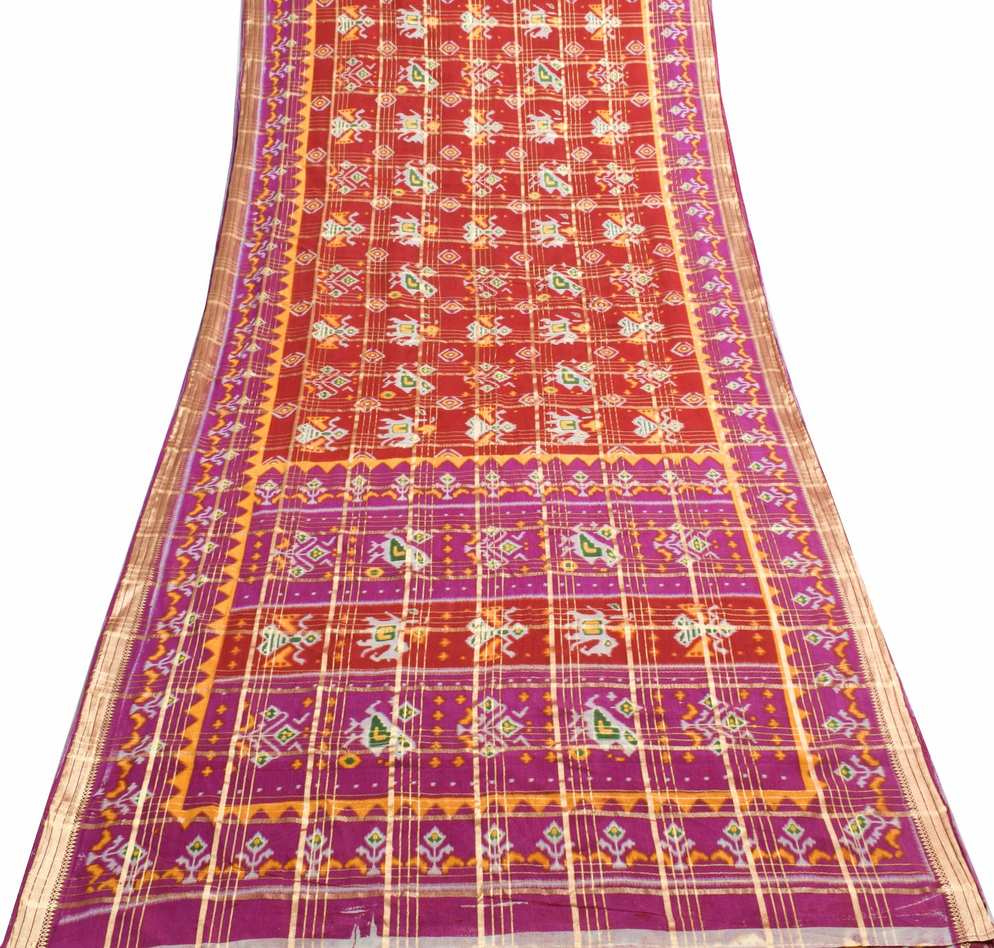 Sushila Vintage Red Purple Ikat Printed Saree 100% Pure Cotton Soft Sari Fabric