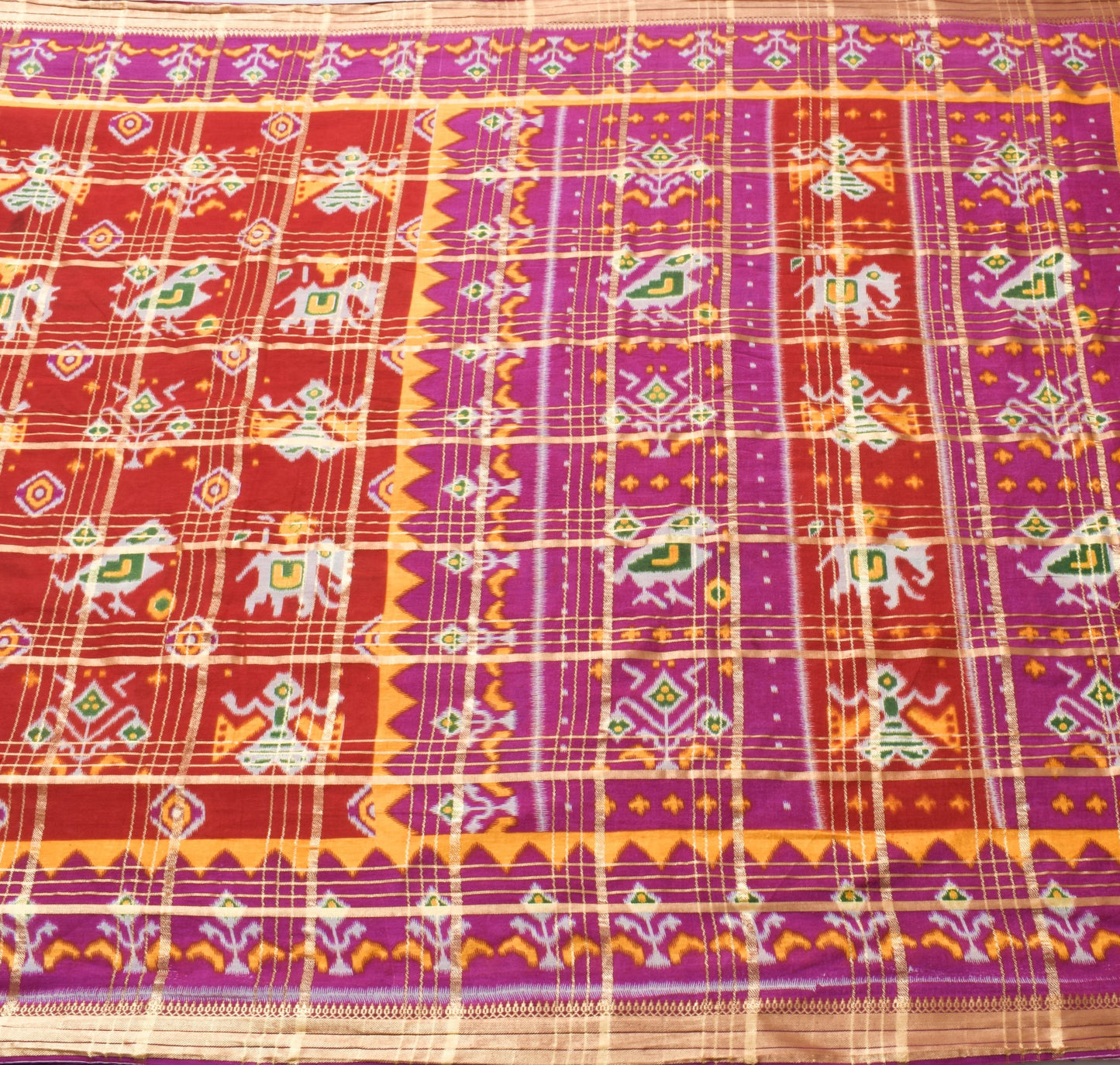 Sushila Vintage Red Purple Ikat Printed Saree 100% Pure Cotton Soft Sari Fabric