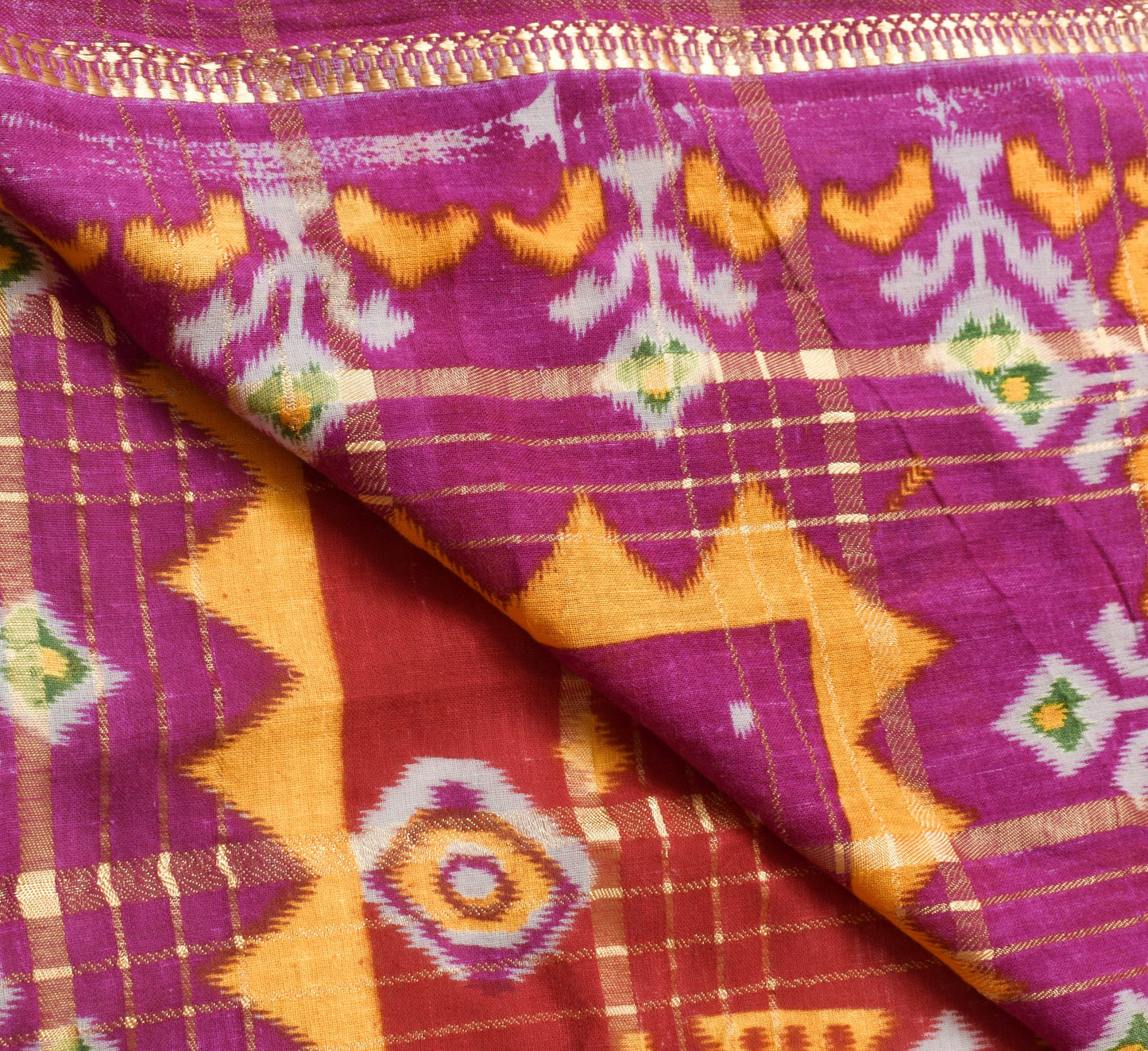 Sushila Vintage Red Purple Ikat Printed Saree 100% Pure Cotton Soft Sari Fabric