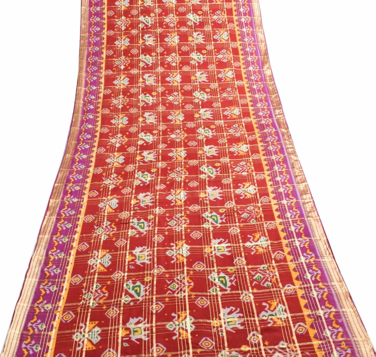 Sushila Vintage Red Purple Ikat Printed Saree 100% Pure Cotton Soft Sari Fabric