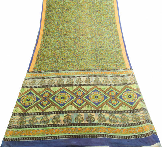 Sushila Vintage Green Saree 100% Pure Cotton Printed Paisley Soft Craft Fabric