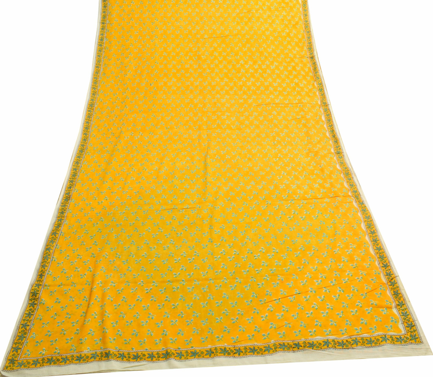 Sushila Vintage Yellow Hand Block Saree Pure Cotton Printed Floral Craft Fabric