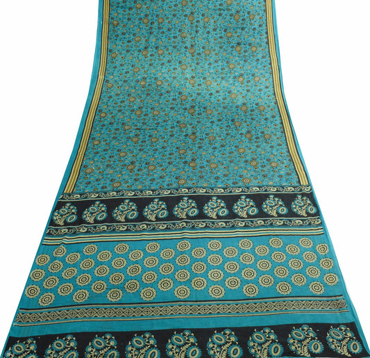 Sushila Vintage Blue Floral Saree 100% Pure Cotton Printed Soft Craft Fabric