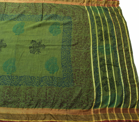 Sushila Vintage Green Saree 100% Pure Cotton Hand Block Printed Craft Fabric