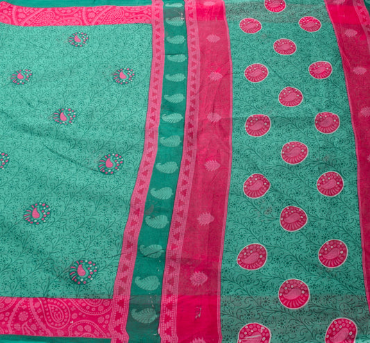 Sushila Vintage Teal Green Saree 100% Pure Cotton Printed Floral Craft Fabric