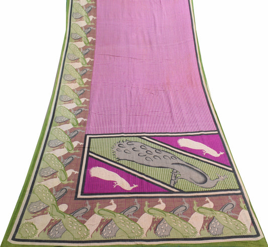 Sushila Vintage Saree 100% Pure Cotton Purple Checks Printed Soft Craft Fabric