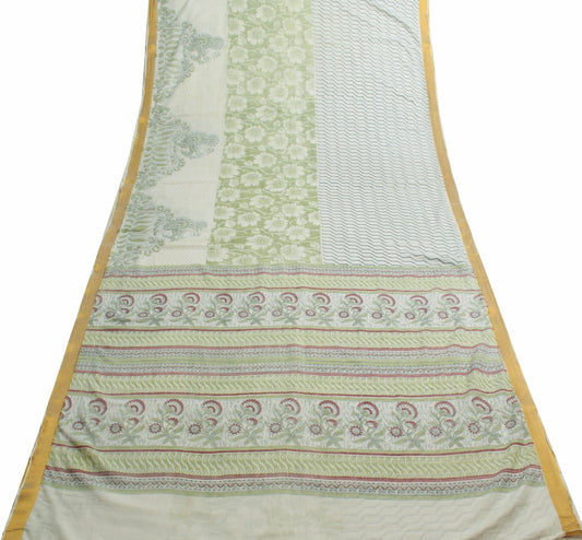 Sushila Vintage Peacock White Saree 100% Pure Cotton Printed Soft Craft Fabric