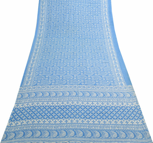 Sushila Vintage Aqua Blue Saree Pure Cotton Printed Soft Craft Paisley Fabric