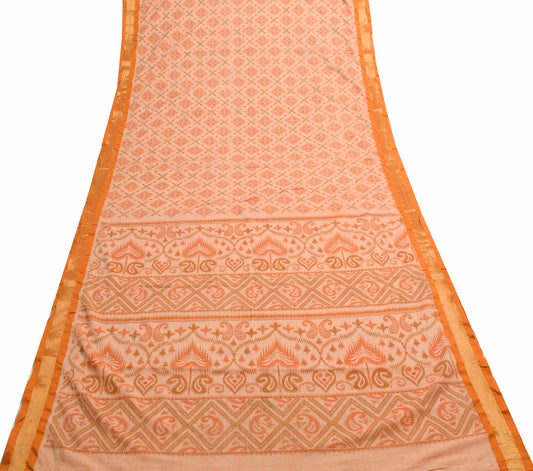 Sushila Vintage Orange Saree 100% Pure Cotton Printed & Woven Soft Craft Fabric