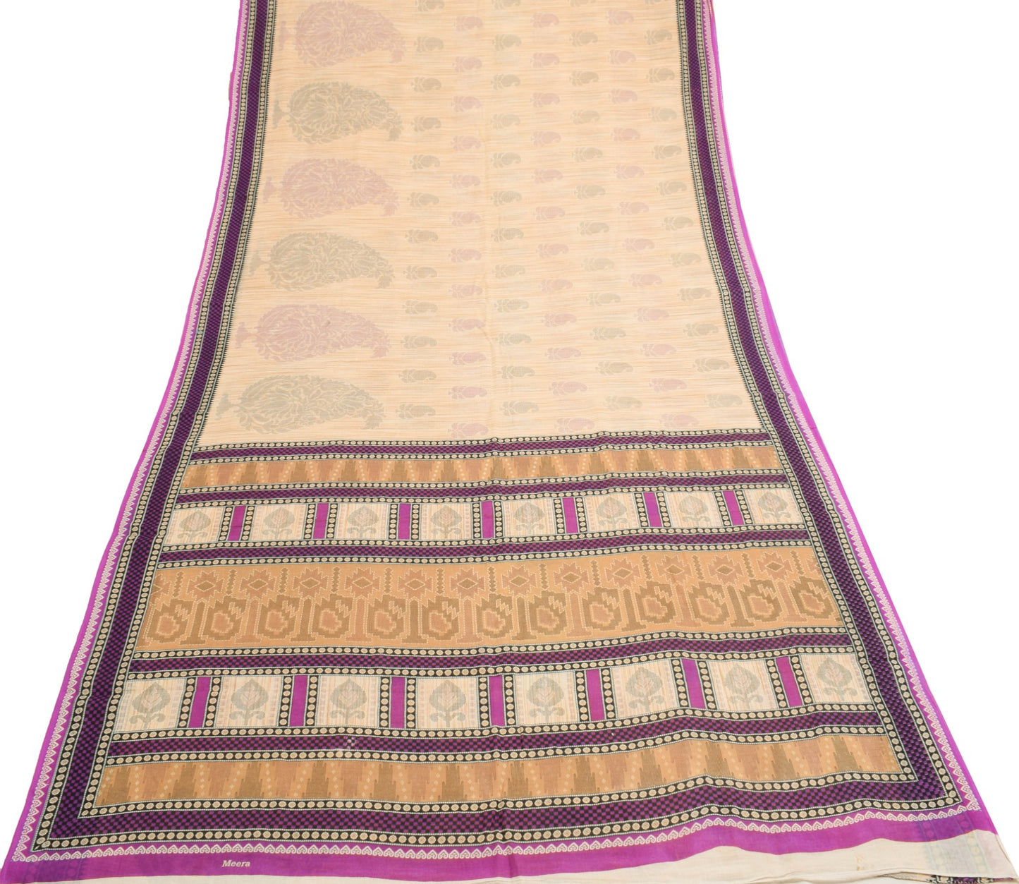 Sushila Vintage Beige Saree 100% Pure Cotton Printed Paisley Soft Craft Fabric