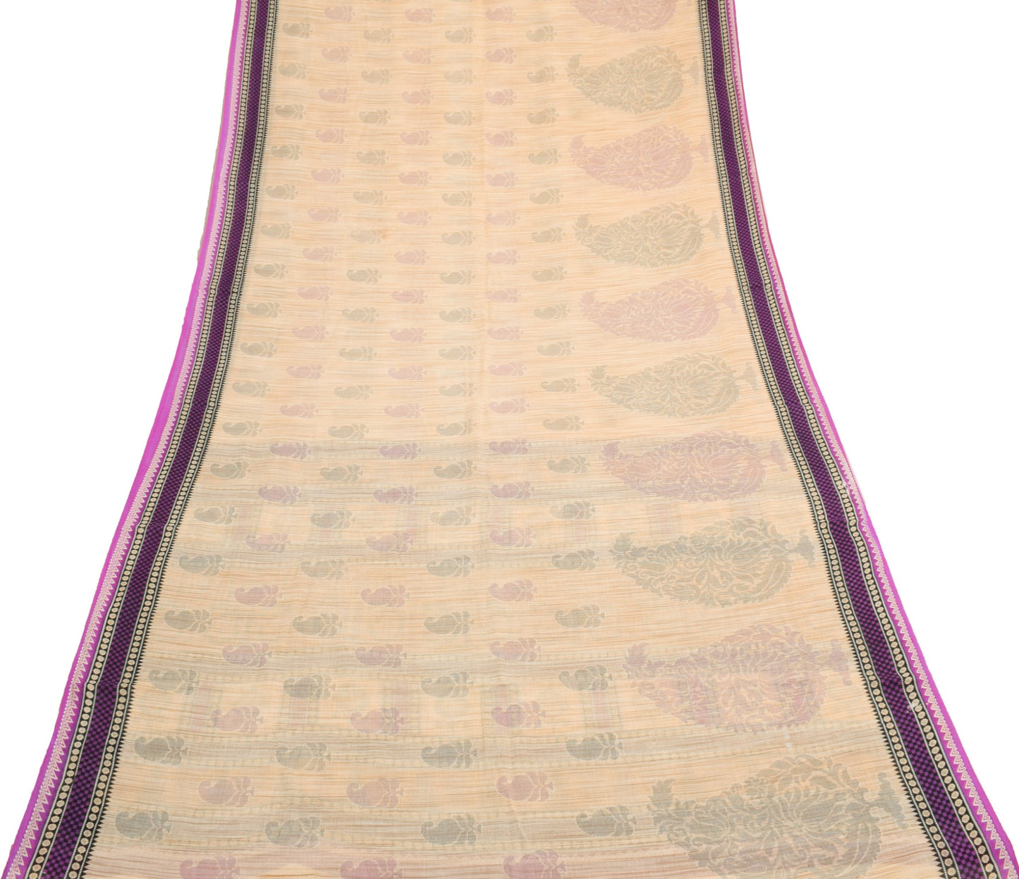 Sushila Vintage Beige Saree 100% Pure Cotton Printed Paisley Soft Craft Fabric