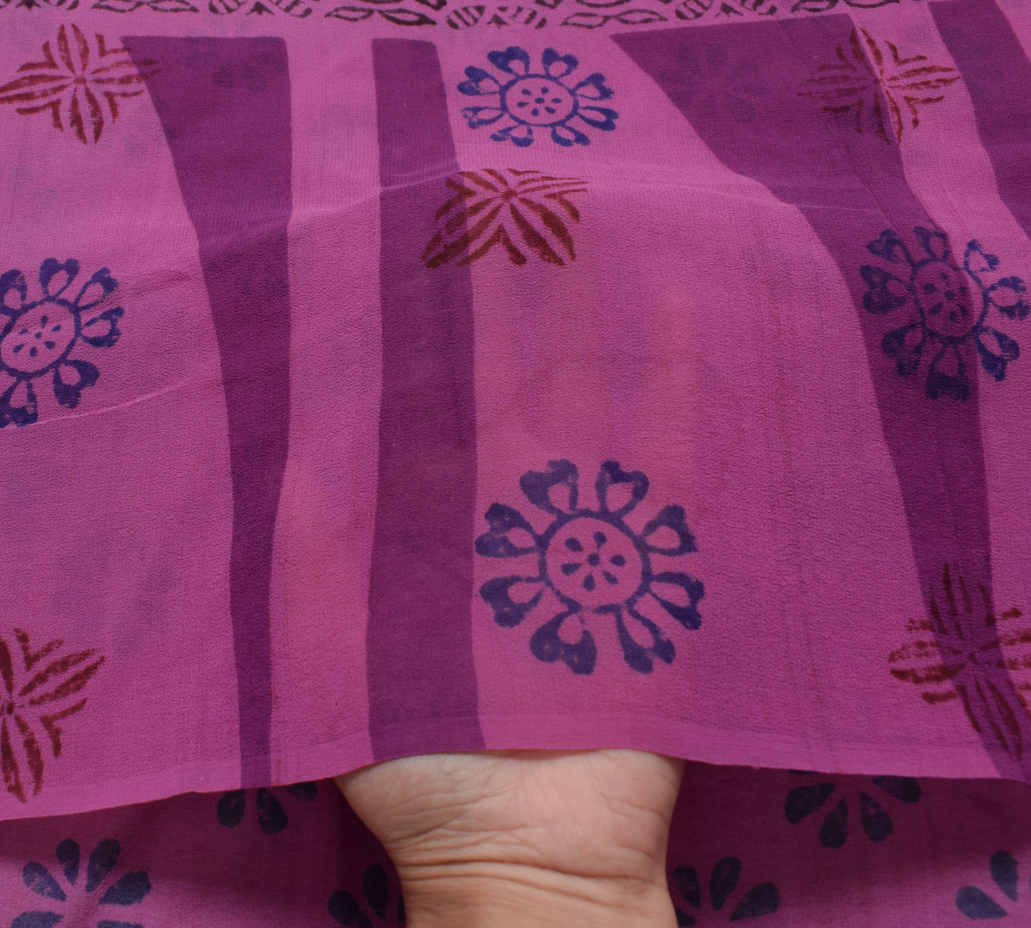 Sushila Vintage Purple Saree 100%Pure Georgette Silk Printed Floral Craft Fabric