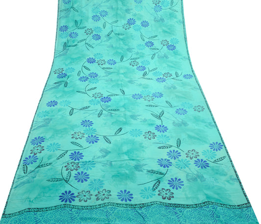 Sushila Vintage Aqua Green Saree 100% Pure Georgette Silk Printed Floral Fabric