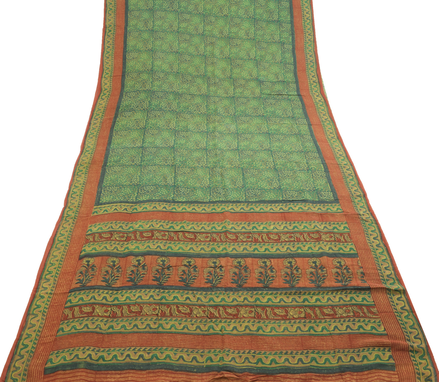 Sushila Vintage Green Saree 100% Pure Georgette Silk Printed Floral Craft Fabric