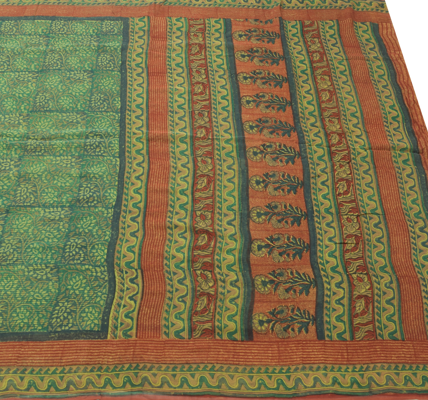 Sushila Vintage Green Saree 100% Pure Georgette Silk Printed Floral Craft Fabric