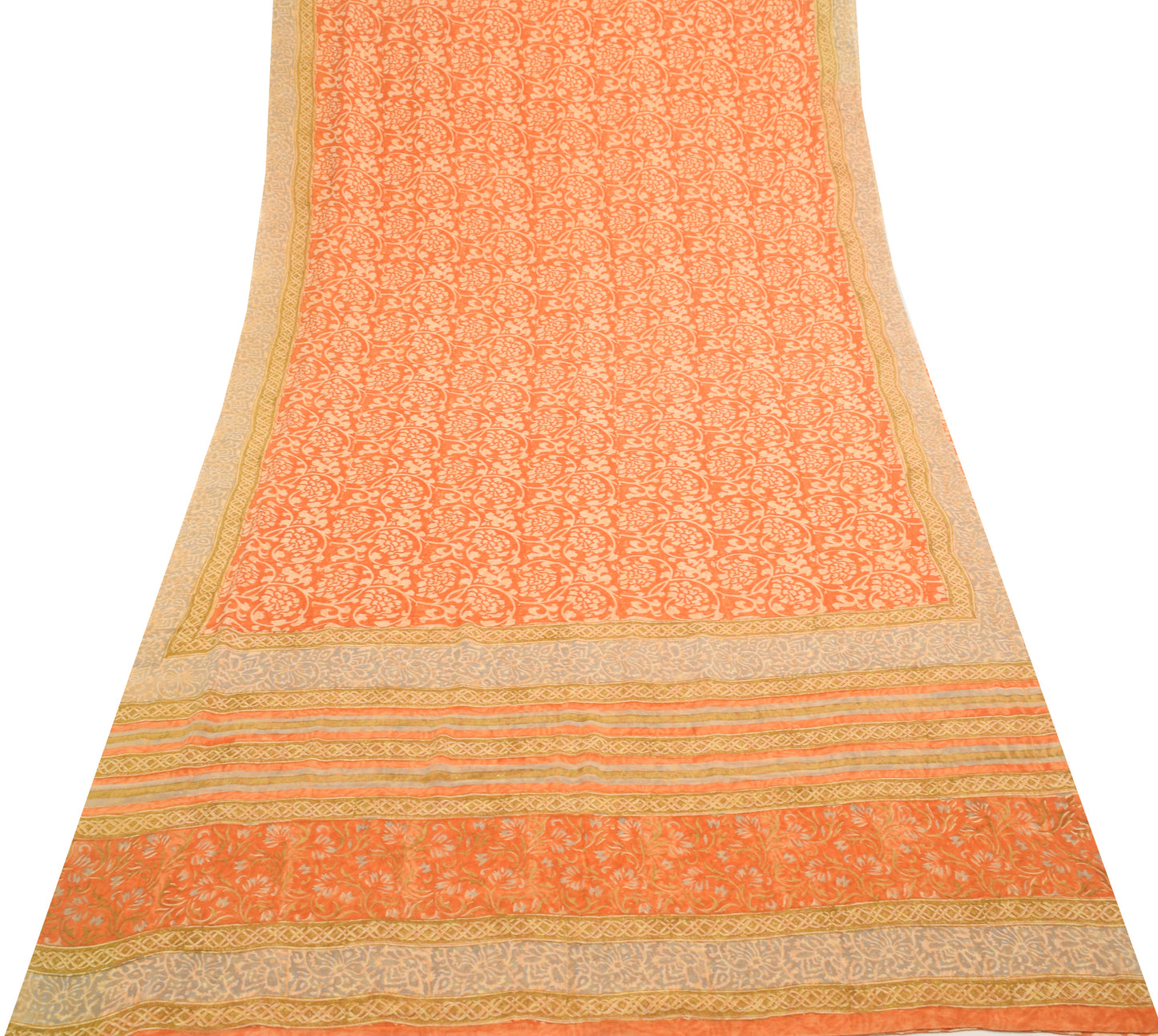 Sushila Vtg. Branded Orange Saree Pure Georgette Silk Hand Block Printed Fabric