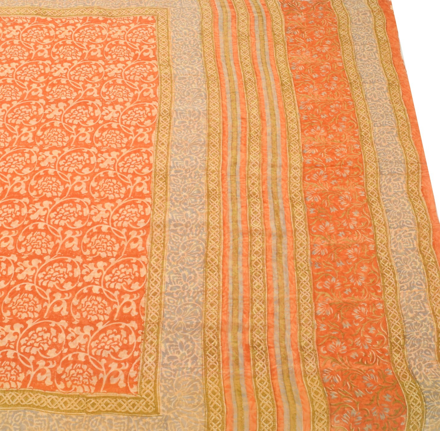 Sushila Vtg. Branded Orange Saree Pure Georgette Silk Hand Block Printed Fabric