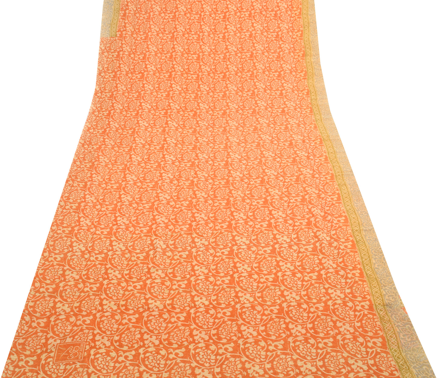 Sushila Vtg. Branded Orange Saree Pure Georgette Silk Hand Block Printed Fabric