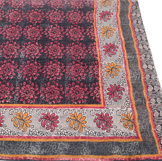 Sushila Vintage Black Saree 100% Pure Georgette Silk Printed Craft Floral Fabric