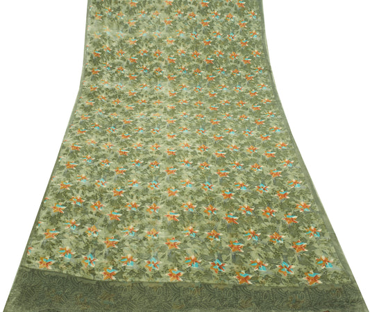 Sushila Vintage Green Floral Saree 100% Pure Georgette Silk Printed Craft Fabric