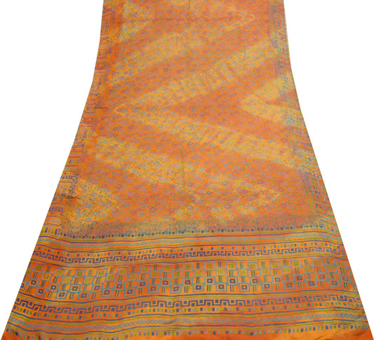 Sushila Vintage Saree 100%Pure Georgette Silk Printed Orange Floral Craft Fabric