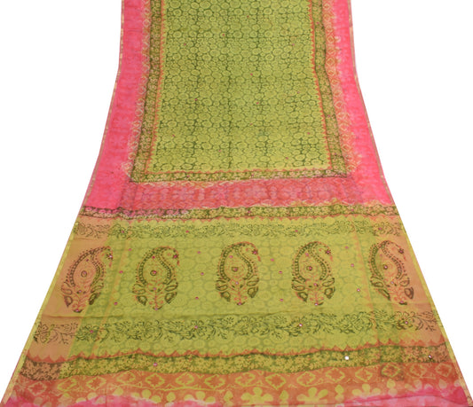 Sushila Vintage Green Floral Saree Pure Georgette Silk Hand Block Printed Fabric