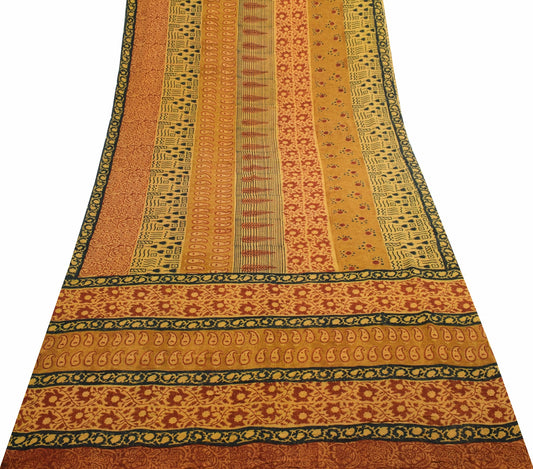 Sushila Vtg Mustard Saree Pure Georgette Silk Hand Block Printed Craft Fabric