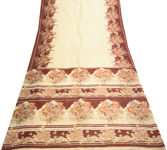 Sushila Vintage Cream Saree 100% Pure Silk Printed Floral Indian Craft Fabric