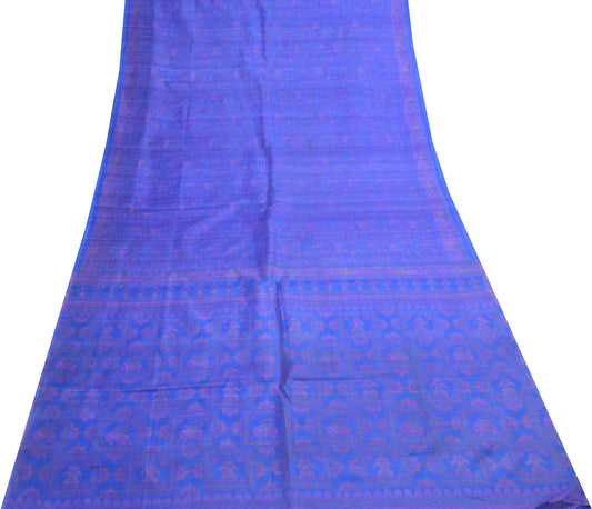 Sushila Vintage Blue Saree 100% Pure Silk Human & Animal Printed Craft Fabric