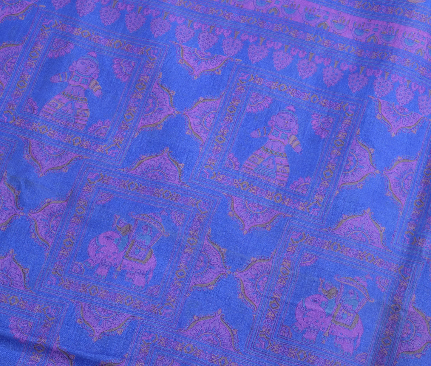 Sushila Vintage Blue Saree 100% Pure Silk Human & Animal Printed Craft Fabric