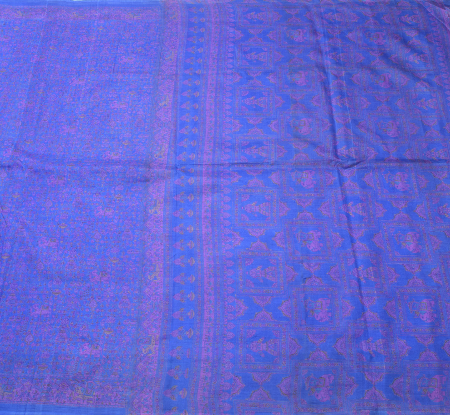 Sushila Vintage Blue Saree 100% Pure Silk Human & Animal Printed Craft Fabric