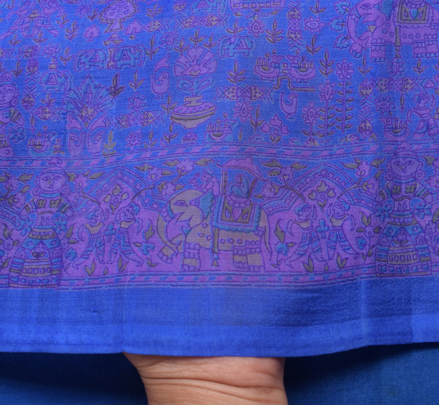 Sushila Vintage Blue Saree 100% Pure Silk Human & Animal Printed Craft Fabric