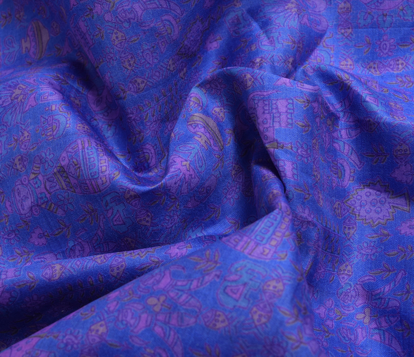 Sushila Vintage Blue Saree 100% Pure Silk Human & Animal Printed Craft Fabric