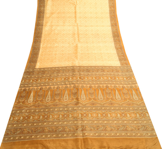 Sushila Vintage Beige Saree 100% Pure Silk Floral  Printed Soft Craft Fabric