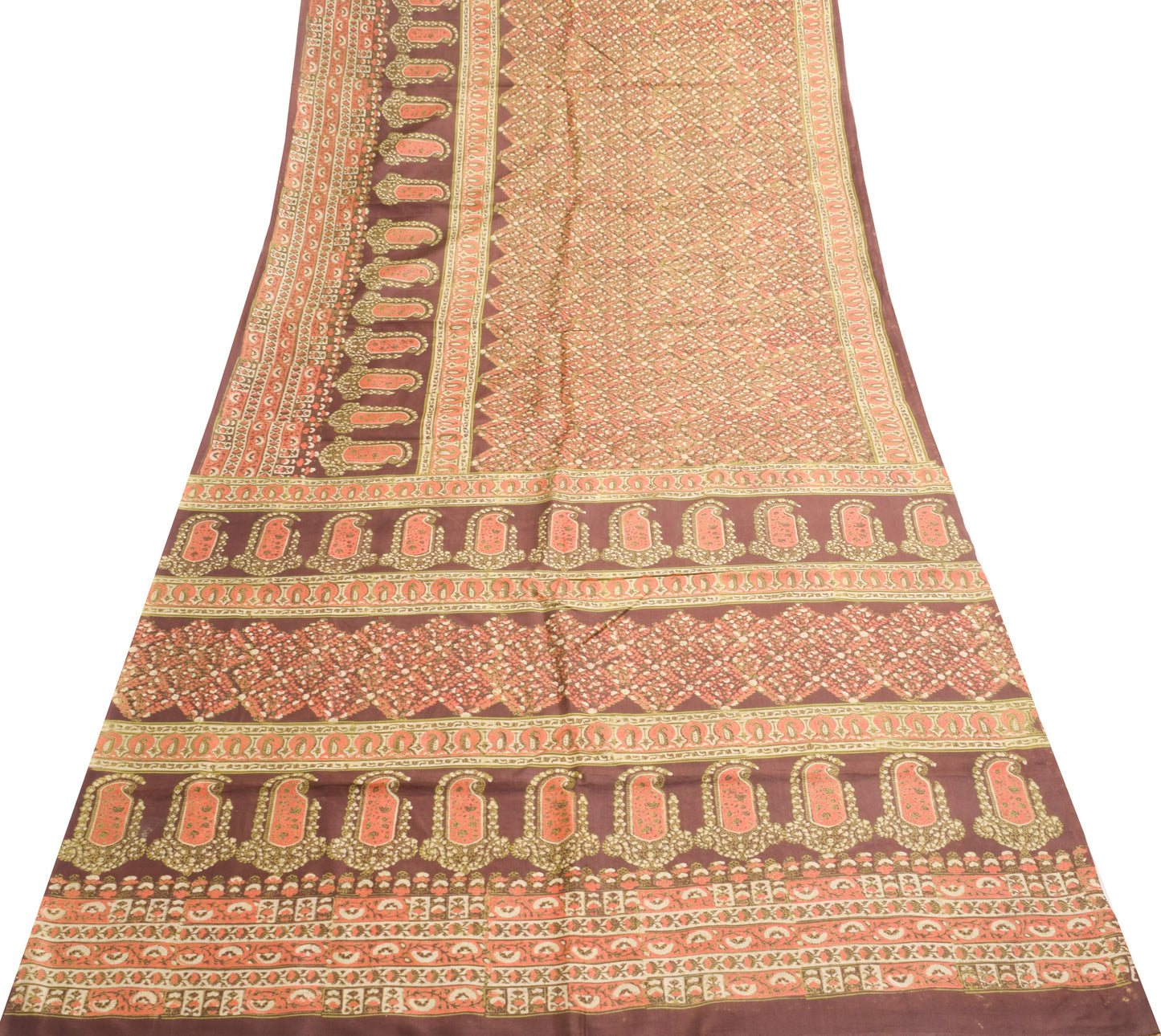 Sushila Vintage Dark Brown Saree 100% Pure Silk Hand Block Printed Craft Fabric