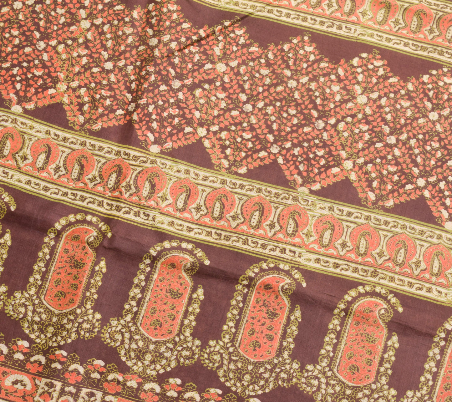 Sushila Vintage Dark Brown Saree 100% Pure Silk Hand Block Printed Craft Fabric