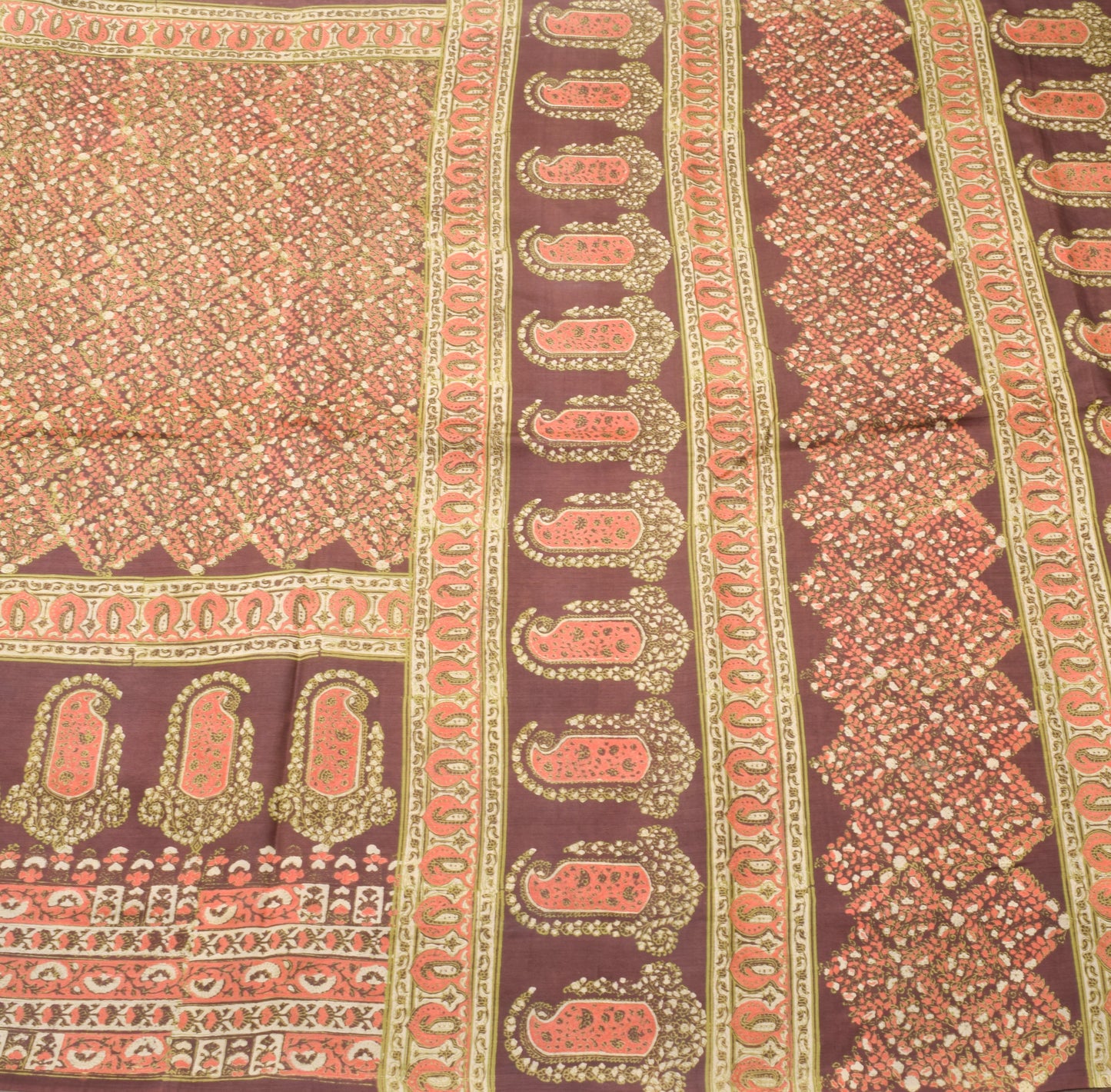 Sushila Vintage Dark Brown Saree 100% Pure Silk Hand Block Printed Craft Fabric