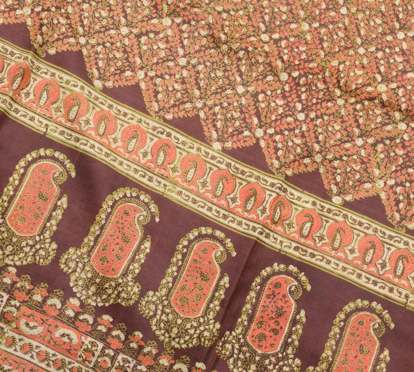 Sushila Vintage Dark Brown Saree 100% Pure Silk Hand Block Printed Craft Fabric