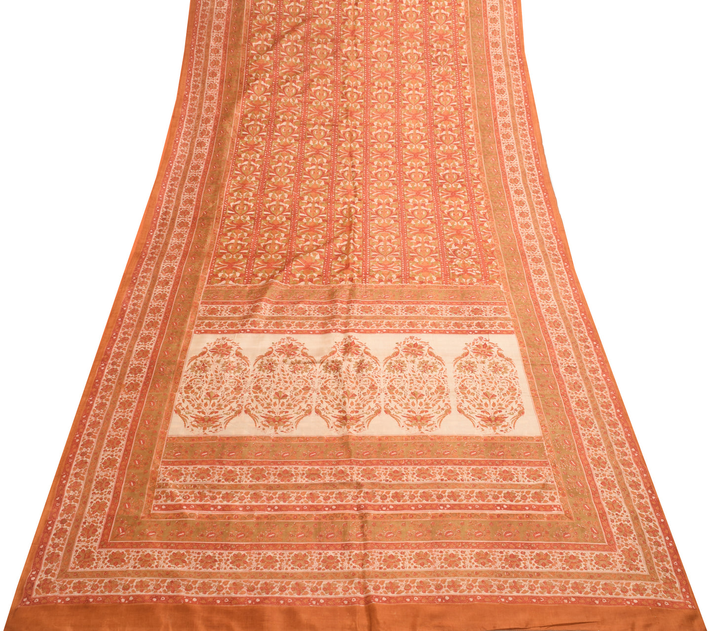 Sushila Vintage Saree 100% Pure Silk Beige Hand Block Printed Soft Craft Fabric