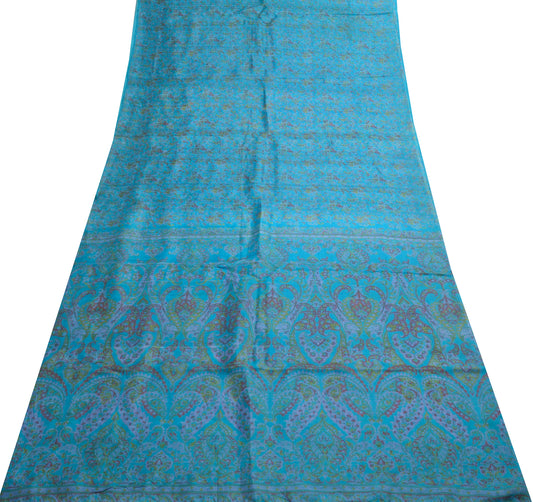 Sushila Vintage Turquoise Blue Saree 100% Pure Silk Printed Soft Craft Fabric