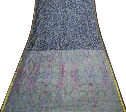 Sushila Vintage Blue Floral Saree 100% Pure Silk Printed Soft Craft Fabric