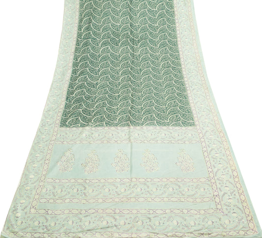 Sushila Vintage Green Saree 100% Pure Silk Hand Block Printed Soft Craft Fabric