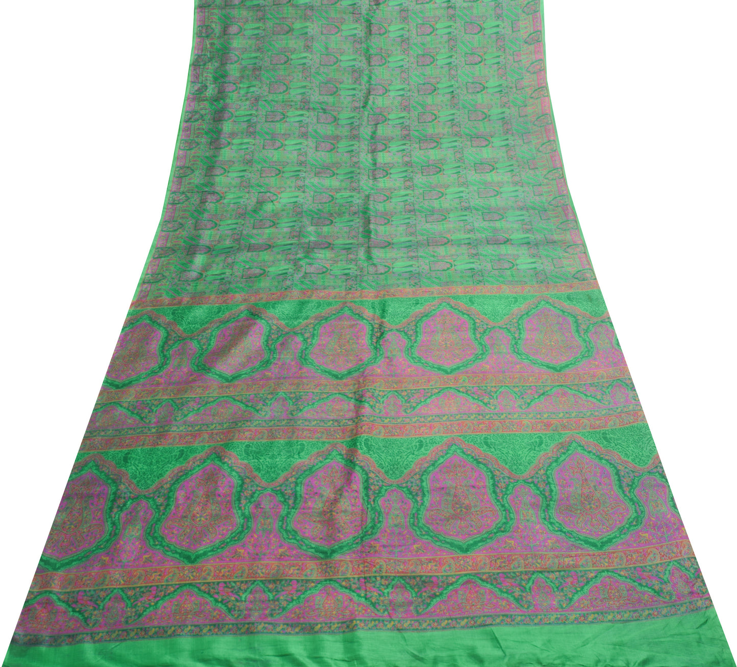 Sushila Vintage Green Saree 100% Pure Silk Paisley Printed Soft Craft Fabric