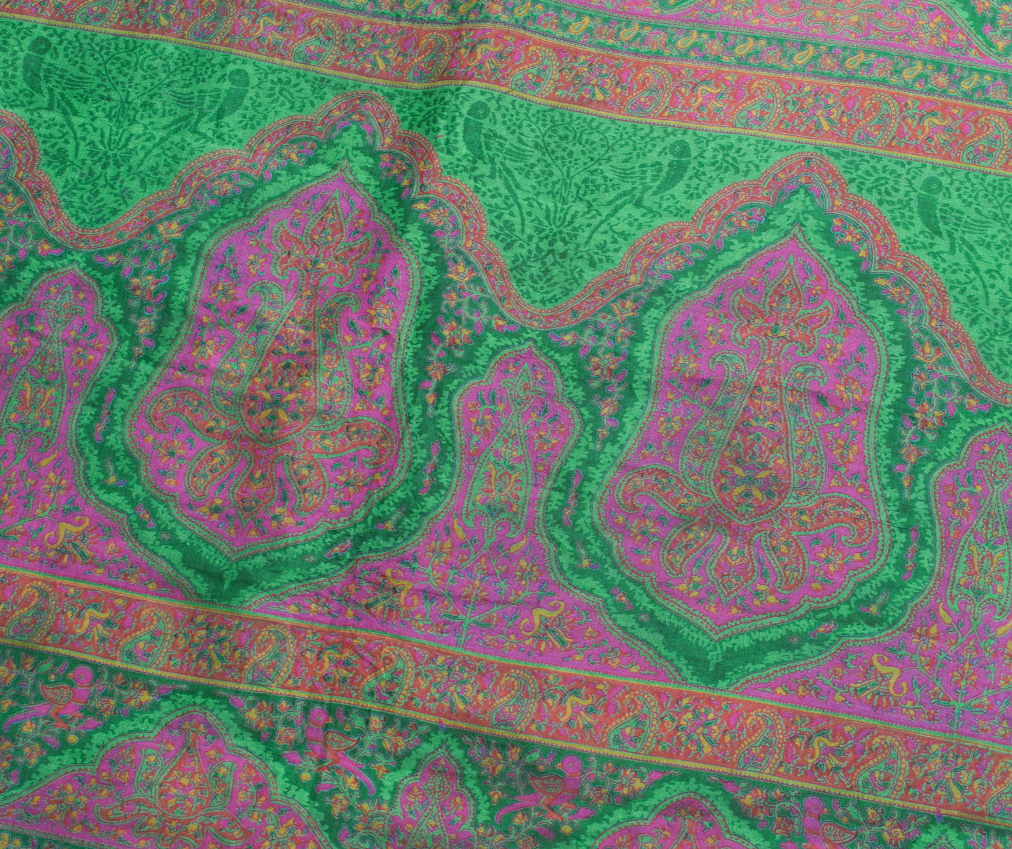 Sushila Vintage Green Saree 100% Pure Silk Paisley Printed Soft Craft Fabric