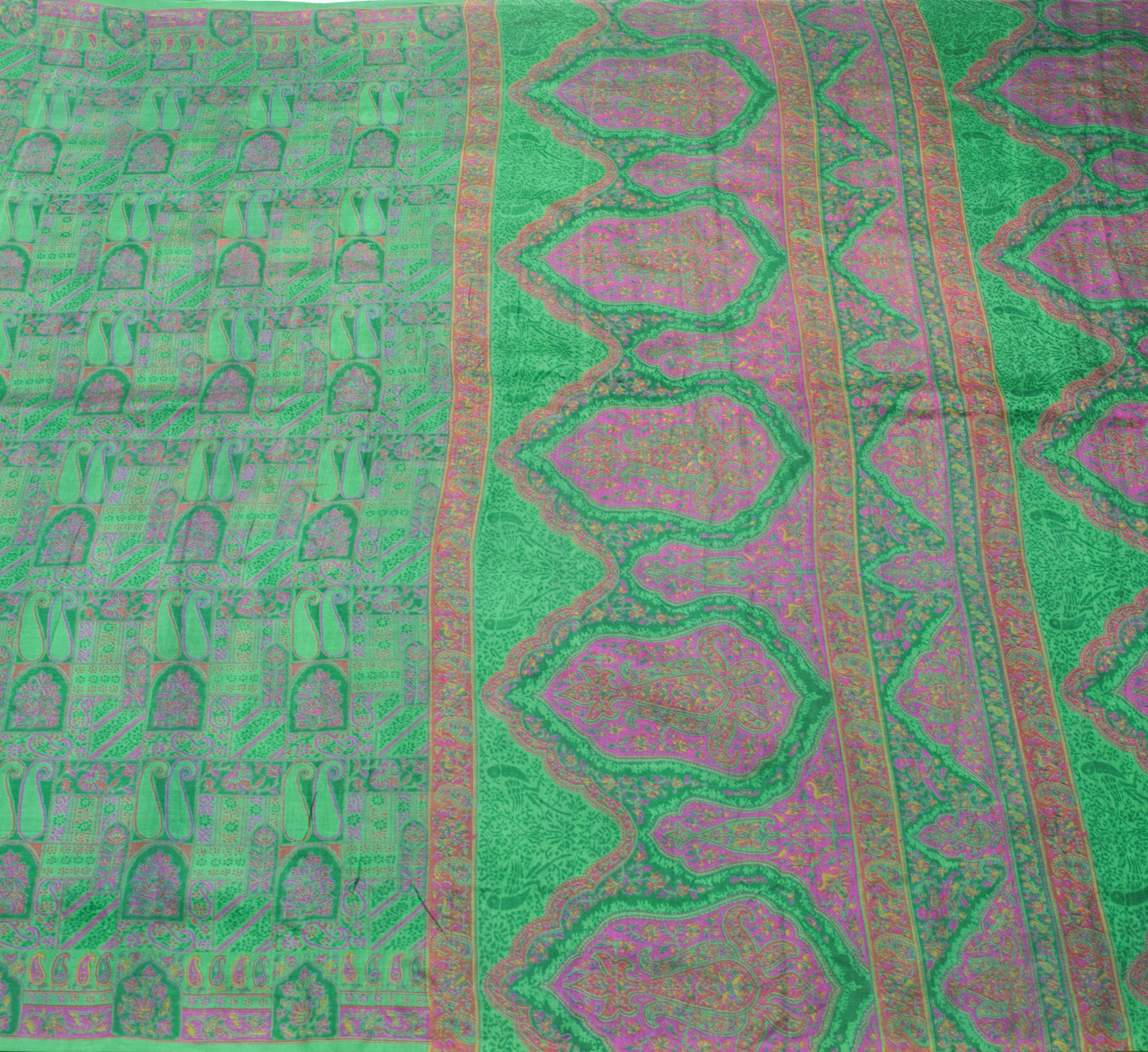 Sushila Vintage Green Saree 100% Pure Silk Paisley Printed Soft Craft Fabric