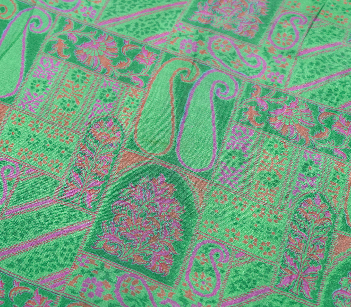 Sushila Vintage Green Saree 100% Pure Silk Paisley Printed Soft Craft Fabric