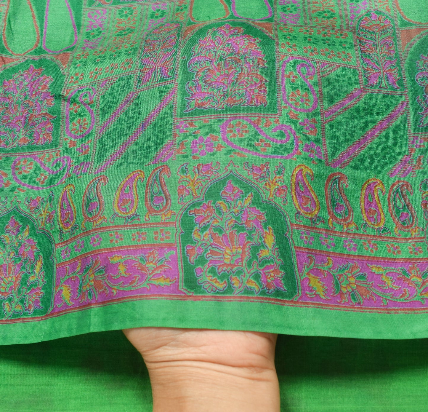 Sushila Vintage Green Saree 100% Pure Silk Paisley Printed Soft Craft Fabric